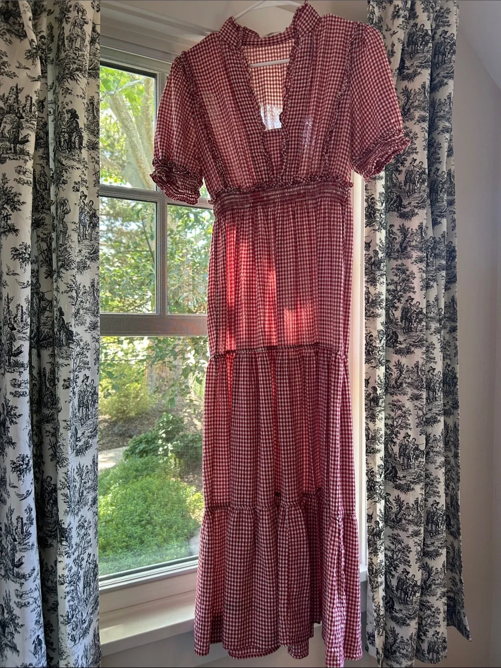 max studio red maxi dress Max Studio Red Gingham Tiered Maxi Dress